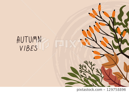 Autumn vibes banner with hand drawn leaves and berries 129758896