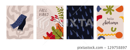 Autumn greeting cards with scarf, fall vibes text, rain drops 129758897