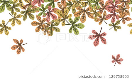 Seamless Border of Colorful Autumn Chestnut Leaves Falling on White Background 129758903