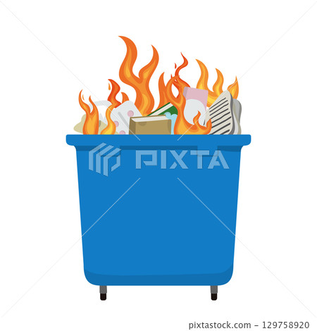 Blue dumpster burning with flames and garbage inside 129758920