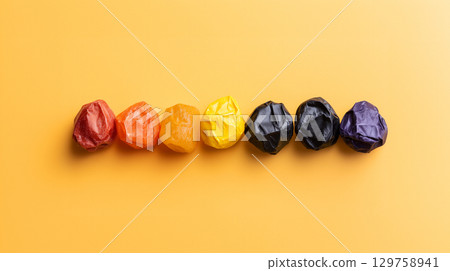 A row of colorful Halloween candy in a gradient from orange to black 129758941