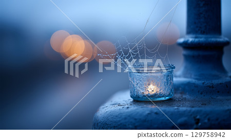 A frozen spider web on a lit candle on a spooky Halloween night 129758942
