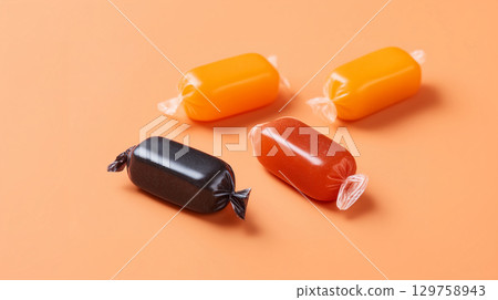 Trick or treat candy in autumn colors for a Halloween celebration 129758943