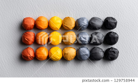 Halloween candy arranged in a color gradient from orange to black 129758944