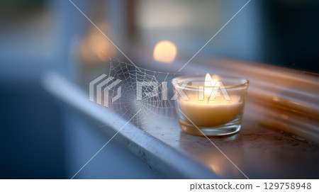 Magical and eerie scene with a sparkling spider web and a candle at dusk Magical and eerie scene with a sparkling spider web and a candle at dusk 129758948