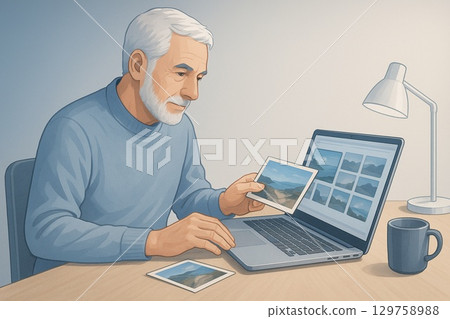 A man organizing his hobby photos on his PC 129758988
