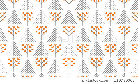 Seamless vector linear geometric fall trees pattern. Gray line orange fruit dot autumn art deco background. Spruces and trees design wrapping paper. Falling texture for autumn fabric design 129759003