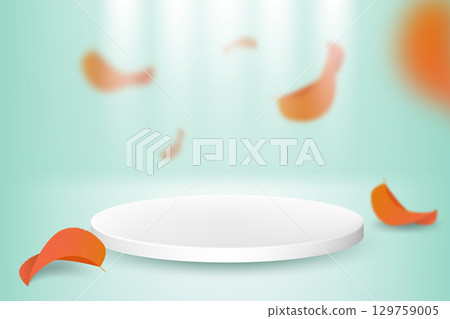 Abstract vector scene with geometric shapes and flying autumn leaves. Cylindrical podium on a blue background with red leaves. Product presentation. Layout, podium platform pedestal autumn 129759005