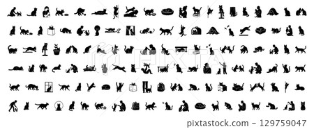 Black silhouettes of various cats and kittens in various playful poses. isolated on white background. concept of pets, domestic animal icons, design elements, pet behavior, people with cat. 129759047