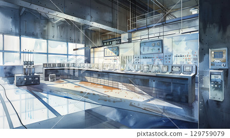 Watercolor Illustration of a Modern Control Room in an Electric Plant Reflecting Advanced Technology Concepts. Concept of Technology, Command Center, Advanced Monitoring, High-Tech Operations. 129759079