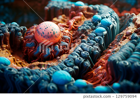 endometrium with with egg close up, ovaries ovulation microbiological background with molecules and cells, organelles 129759094