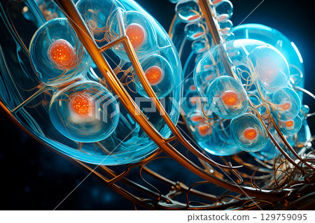 Artificial intelligence is growing inside of glass spheres connected by golden wires microbiological 129759095