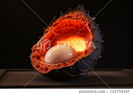 yellow ovicell among blood vessels in black egg metovum Theme of conception and the birth of life Symbol of new life 129759107