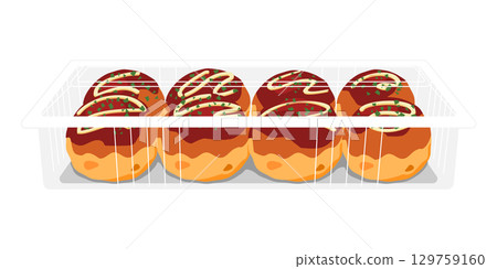 Illustration of takoyaki seen from the front - 8 pieces - food pack Illustration of takoyaki seen from the front - 8 pieces - food pack 129759160