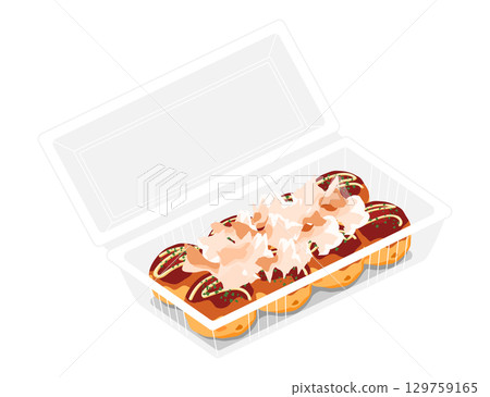 Illustration of takoyaki topped with bonito flakes, seen from above. 8 pieces. Food pack. 129759165