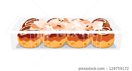 Illustration of takoyaki topped with bonito flakes, seen from the front. 8 pieces. Food pack. 129759172