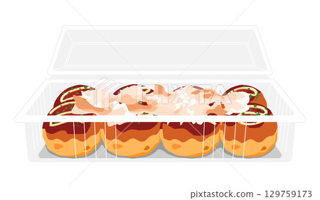 Illustration of takoyaki topped with bonito flakes, seen from the front. 8 pieces. Food pack. 129759173