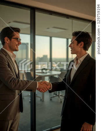 Two successful businessmen or partners shaking hands to seal a deal. A concept of agreement, collaboration, and partnership in a modern office with warm, golden sunlight. 129759194