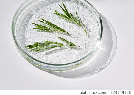 Anti-inflammatory serum and rosemary in a petri dish. 129759198