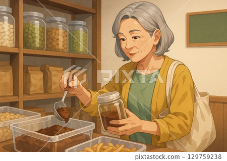 老年婦女用自己的容器購物 129759238