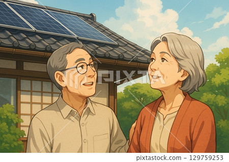 一對老夫婦正在監督太陽能板的安裝 129759253