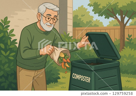 一位老人正在堆肥食物垃圾 一位老人正在堆肥食物垃圾 129759258