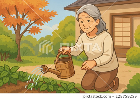 老年婦女在自家花園裡澆菜 129759259