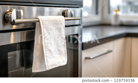 clean kitchen towel hanging on stainless steel oven, adding touch of freshness to modern kitchen space 129759336
