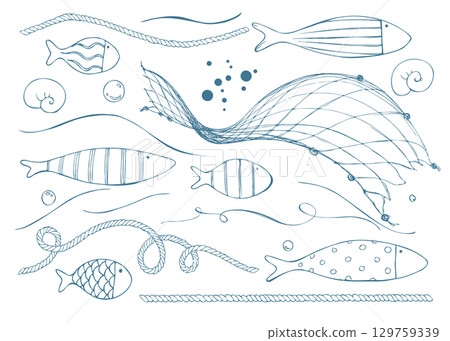 Assorted marine elements fish, ropes, nets, waves and bubbles in unified ink palette for flexible composing. Hand-drawn ink line art illustration. Clip art set for logos, cards, stickers and DIY. Assorted marine elements fish, ropes, nets, waves and bubbles in unified ink palette for flexible composing. Hand-drawn ink line art illustration. Clip art set for logos, cards, stickers and DIY. 129759339