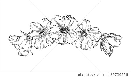 Monochrome blooming flowers garland vector isolated illustration. Wild rosehip bouquet etching drawing. Floral composition for herbal product packaging, romantic wedding invitations, vintage holiday. 129759356