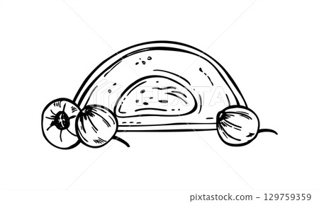 Hand drawn monochrome Japanese rice cake with berry vector illustration. Half mochi and currant line art. Sweet filling candy food for Asian confectionery design, and healthy dessert packaging. 129759359