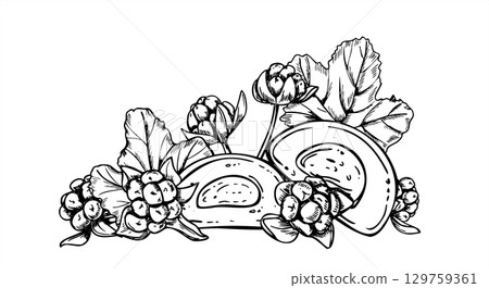Sweet Asian rice desert with cloudberry monochrome vector illustration painted by black inks. Half mochi and blackberries graphic sketch. Filling candy for poster, packaging, label, invitation. Sweet Asian rice desert with cloudberry monochrome vector illustration painted by black inks. Half mochi and blackberries graphic sketch. Filling candy for poster, packaging, label, invitation. 129759361