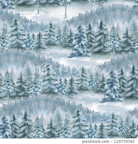 Winter woodland and muted spruce hills watercolor seamless pattern isolated. Snow laden pines, misty peaks on repeating background hand painted for Christmas designs, gift wrap and textile. 129759382