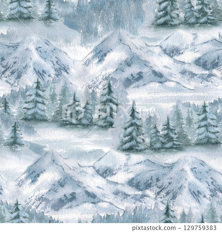Snowy mountain slopes with snowy trees spruce watercolor seamless pattern isolated. Monochrome winter woodland rocky scene hand drawn. Landscape foggy repeated background for holiday design. Snowy mountain slopes with snowy trees spruce watercolor seamless pattern isolated. Monochrome winter woodland rocky scene hand drawn. Landscape foggy repeated background for holiday design. 129759383