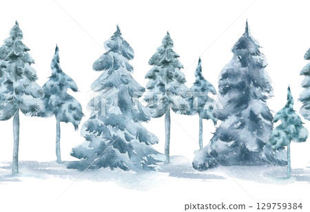 Winter seamless border of pine and spruce trees pastel watercolor isolated on white. Conifers under snow in soft monochrome tones hand drawn. Christmas woodland scene on repeat background for textile. 129759384
