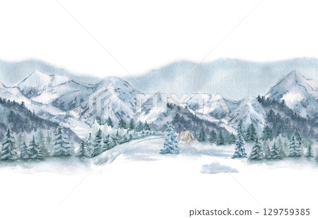 Winter seamless border of rustic cabin, snow covered evergreens tree and soft blue mountain silhouettes watercolor isolated. Woodland scene hand drawn repeated background for Christmas designs. Winter seamless border of rustic cabin, snow covered evergreens tree and soft blue mountain silhouettes watercolor isolated. Woodland scene hand drawn repeated background for Christmas designs. 129759385