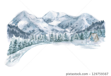 Snowy forest landscape with alpine hut, frosty pines and hazy mountain peaks in soft watercolor tones isolated. Winter nature illustration hand drawn for Christmas packaging and winter sport posters. Snowy forest landscape with alpine hut, frosty pines and hazy mountain peaks in soft watercolor tones isolated. Winter nature illustration hand drawn for Christmas packaging and winter sport posters. 129759387
