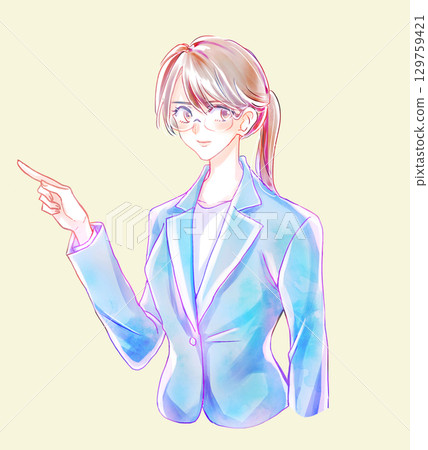 A woman in a suit pointing 129759421