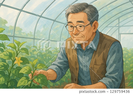 一位日本老人正在照顧植物 129759436