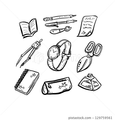 Vector set Back to school Hand drawn Writing instruments Vector set Back to school Hand drawn Writing instruments 129759561