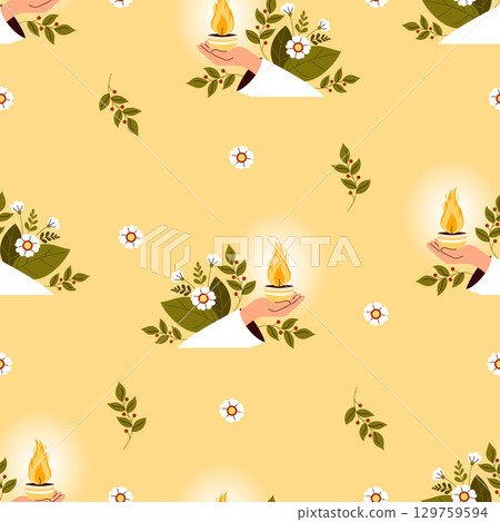Religion Seamless Pattern. Sacred Flame. Vigil Lamp in Hand with Sacred Flame with Flowers on yellow Background with leaves. Vector Illustration. Spiritual Light And Faith Religious Culture template 129759594