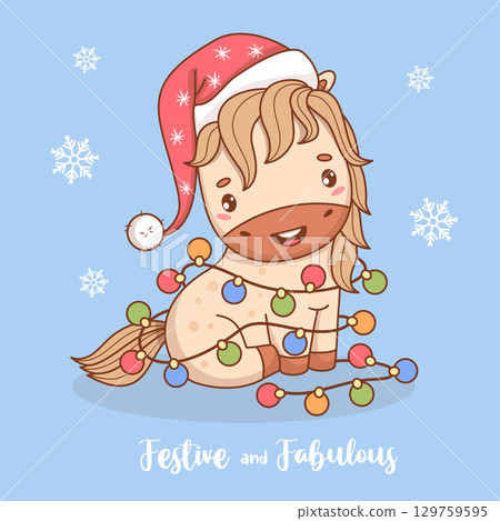 Cute Happy Christmas Little Pony in Santa hat with Garland Balls. Symbol of year 2026 to Eastern calendar, Funny New Year kawaii animal. Vector illustration. Holiday cool card with slogan. Not AI. 129759595