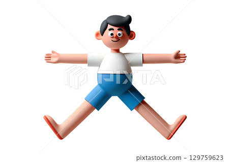 3d cartoon character mid-air doing jumping jacks, playful fitness motion isolated on transparent background 3d cartoon character mid-air doing jumping jacks, playful fitness motion isolated on transparent background 129759623