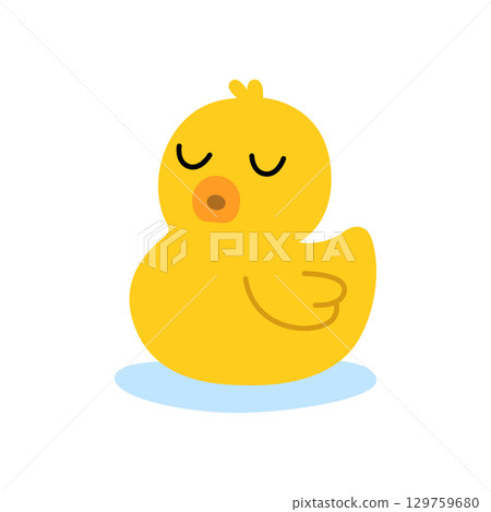 Yellow rubber duck with closed eyes. Cute vector cartoon for prints, kids decor, and clipart collections. 129759680