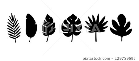 Minimalist black tropical leaf silhouettes. Solid vector foliage icons for jungle, summer, and botanical-themed design projects Minimalist black tropical leaf silhouettes. Solid vector foliage icons for jungle, summer, and botanical-themed design projects 129759695