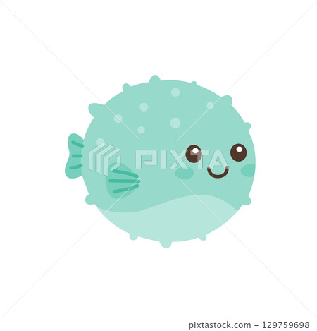 Cute cartoon pufferfish with smiling face. Flat vector marine animal illustration for kids ocean and underwater designs 129759698