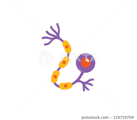 Neuron with round cell body and long axon, in purple and yellow flat color style 129759709