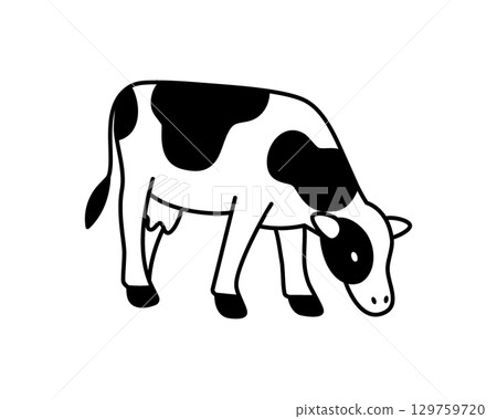 Minimalist black and white outline of a grazing cow with udder. Modern dairy vector art for eco-friendly and agricultural themes Minimalist black and white outline of a grazing cow with udder. Modern dairy vector art for eco-friendly and agricultural themes 129759720