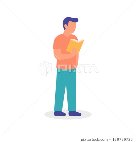 Young man standing and reading book in relaxed posture. Modern flat vector illustration for education and study concepts Young man standing and reading book in relaxed posture. Modern flat vector illustration for education and study concepts 129759723