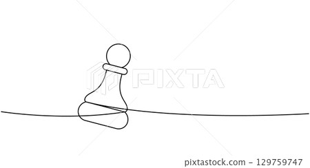 minimalist line drawing of a single chess pawn on a straight line, simple black outline art symbolizing beginnings 129759747